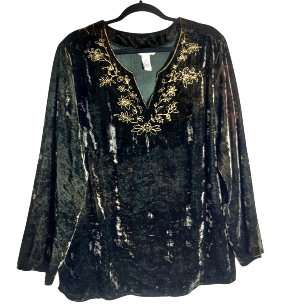 French Laundry Green Crushed Velvet Embroidered V-Neck Tunic Top XL